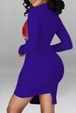 Синее модное сексуальное лоскутное платье с асимметричным вырезом и длинным рукавом