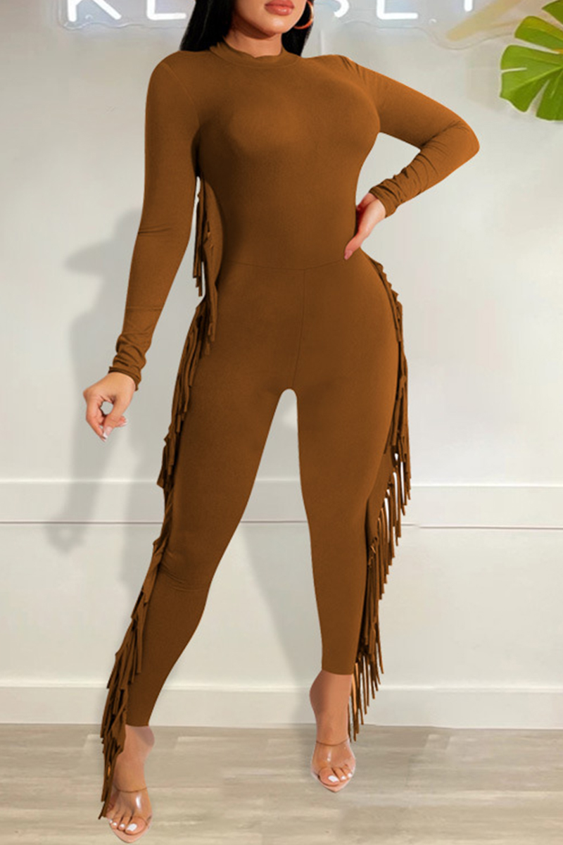 

Brown Fashion Casual Solid Tassel Split Joint O Neck Regular Jumpsuits