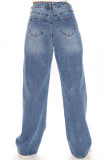 Azul Moda Casual Sólido Básico Cintura Alta Jeans Regular