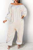 ライト パープル ファッション カジュアル ソリッド ベーシック オフショルダー プラスサイズ ジャンプスーツ (ポケットなし)