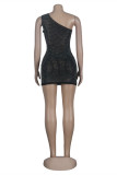 Black Fashion Sexy Patchwork Hot Drilling Hollowed Out Backless One Shoulder Sleeveless Dress