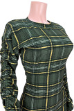 オリーブグリーンのセクシーなチェック柄プリントパッチワーク小帯折りOネックワンステップスカートドレス