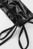 Bandagem preta moda casual sólida vazada meia manga longa gola alta duas peças