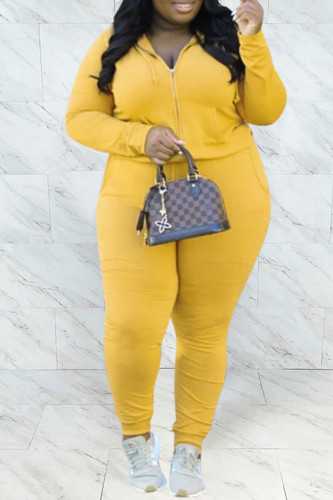 Yellow Casual Solid Hot Drill Hooded Collar Plus Size Two Pieces