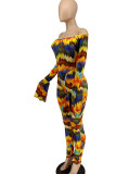 Colour Sexy Print Tie Dye Patchwork Off the Shoulder Long Sleeve Two Pieces