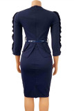 Deep Blue Fashion Casual Solid Patchwork With Belt O Neck Dresses