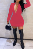 Rose Red Fashion Casual Solid Basic V Neck Long Sleeve Dresses
