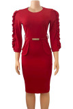 Burgundy Fashion Casual Solid Patchwork With Belt O Neck Dresses