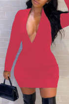 Rose Red Fashion Casual Solid Basic V Neck Long Sleeve Dresses