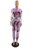Pink Fashion Casual Print Cardigan Pants Long Sleeve Two Pieces
