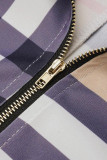 Grey Fashion Casual Plaid Print With Belt Zipper Collar Long Sleeve Plus Size Dresses