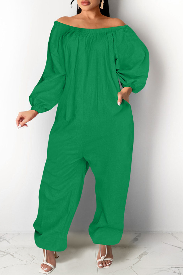 グリーン ファッション カジュアル ソリッド ベーシック オフショルダー プラスサイズ ジャンプスーツ (ポケットなし)