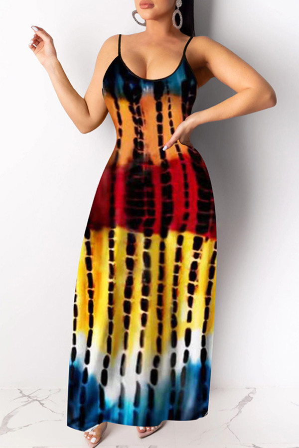 Gult mode sexigt tryck rygglös spaghettirem lång klänning