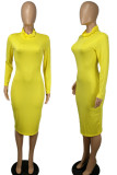 Vestidos de falda de lápiz de cuello alto de patchwork sólido casual amarillo