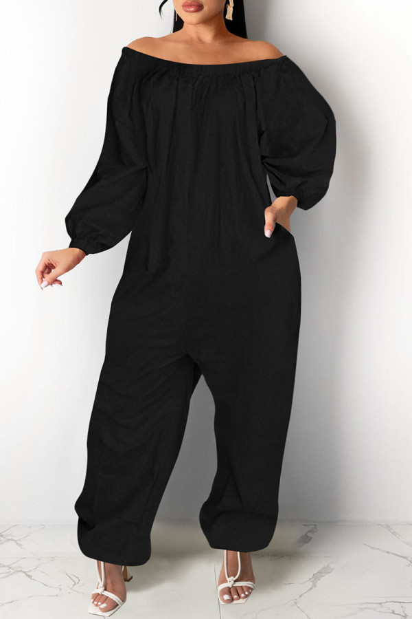 ブラック ファッション カジュアル ソリッド ベーシック オフショルダー プラスサイズ ジャンプスーツ (ポケットなし)