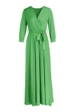 Vestidos de manga larga con cuello en V de vendaje sólido casual de moda verde