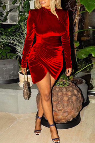 Red Sexy Solid Patchwork O Neck Irregular Dress Dresses