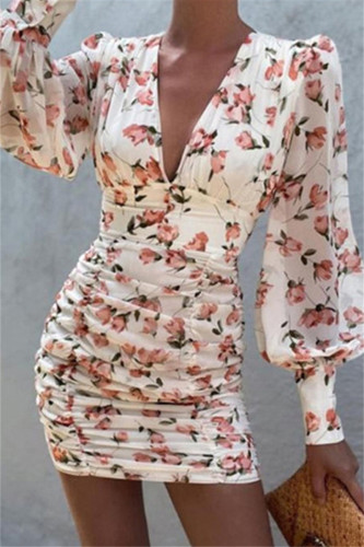Apricot Fashion Sexy Print Fold V Neck Long Sleeve Dresses