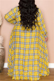 Gelb Mode Casual Plaid Print Grundlegende Umlegekragen Langarm Kleider in Übergröße (ohne Gürtel)