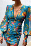 Brown Fashion Sexy Print Fold V Neck Long Sleeve Dresses