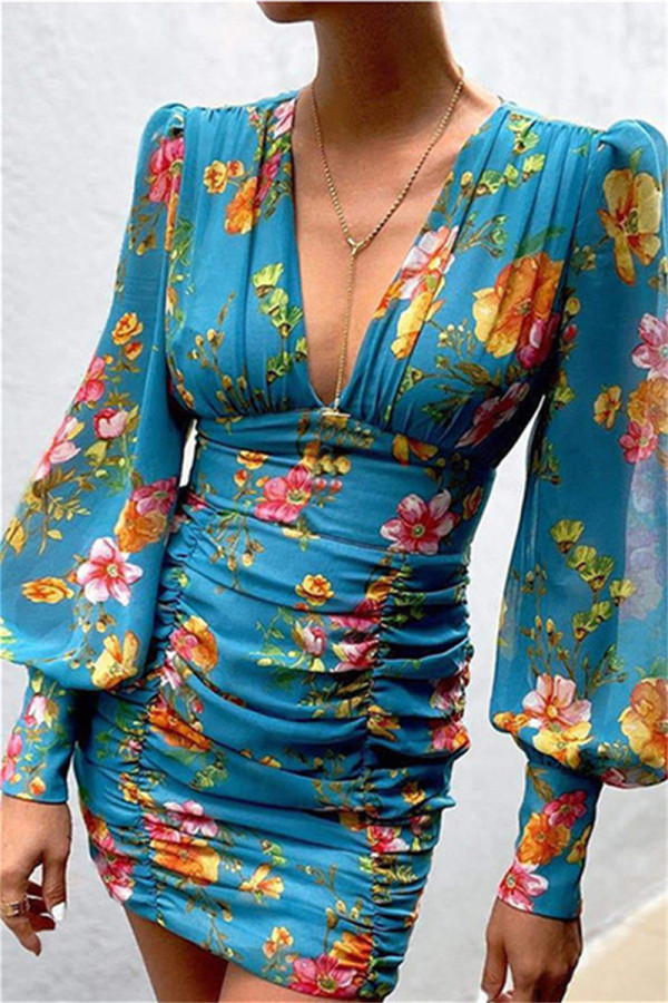 Синие модные сексуальные платья с принтом и V-образным вырезом с длинным рукавом