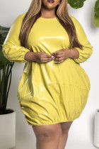 Gelb Mode Lässig Solide Basic O-Ausschnitt Langarm Kleider in Übergröße