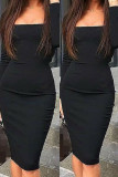 Zwarte mode effen basic vierkante kraag jurken met lange mouwen