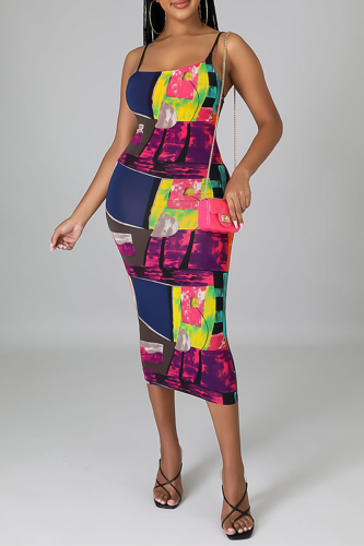 Purple Sexy Print Patchwork Spaghetti Strap Pencil Skirt Dresses