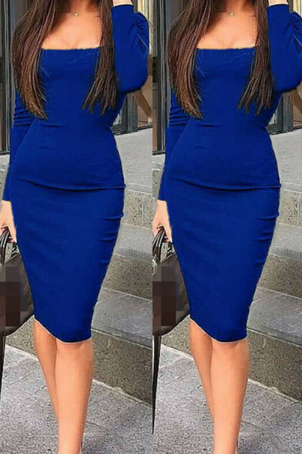 Синие модные однотонные базовые платья с квадратным воротником и длинными рукавами