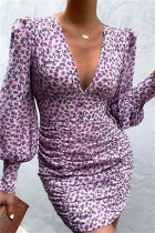 Purple Fashion Sexy Print Fold V Neck Long Sleeve Dresses