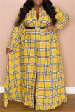 Vestidos de talla grande de manga larga con cuello vuelto básico estampado a cuadros casuales de moda amarilla (sin cinturón)