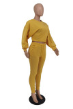 Желтый Модные повседневные однотонные базовые с круглым вырезом и длинным рукавом из двух частей