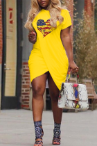 Vestido irregular con cuello en O de patchwork con estampado informal amarillo Vestidos