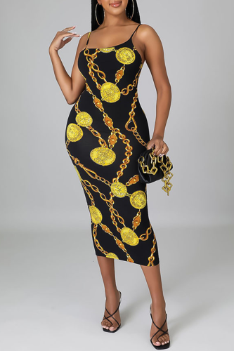 Black Sexy Print Patchwork Spaghetti Strap Pencil Skirt Dresses