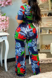 Blue Fashion Casual Print Bandage V Neck Regular Jumpsuits