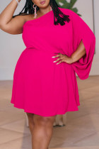 Roze sexy effen patchwork asymmetrische schuine kraag rechte grote maten jurken