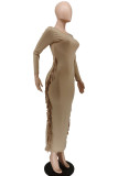 Мандариновые повседневные однотонные платья-юбки с кисточками в стиле пэчворк с круглым вырезом и одной ступенькой