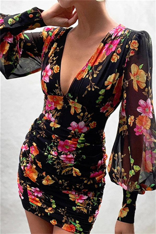 Schwarze Mode Sexy Print Falten V-Ausschnitt Langarm Kleider