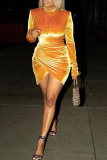 Оранжевые сексуальные однотонные лоскутные платья с круглым вырезом и нерегулярным платьем