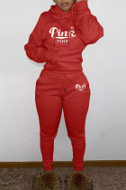 Colarinho com capuz vermelho moda casual estampa de letras manga longa duas peças