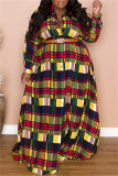 Vestidos multicoloridos moda casual estampa xadrez básica gola aberta manga longa plus size (sem cinto)
