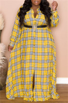 Желтый модный повседневный клетчатый принт с отложным воротником и длинным рукавом платья больших размеров (без пояса)