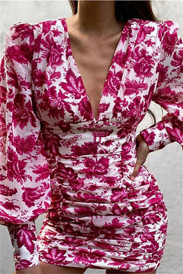 Rose Red Fashion Sexy Print Falten V-Ausschnitt Langarm-Kleider
