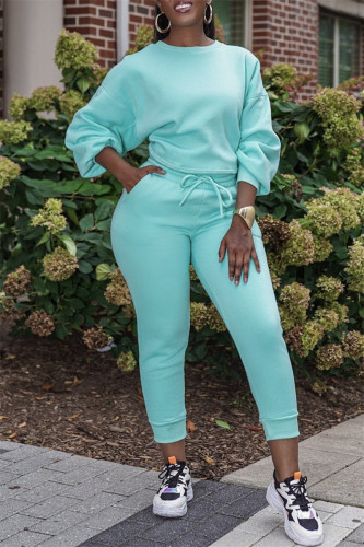 Blue Fashion Casual Solid Basic O Neck Long Sleeve Two Pieces
