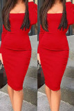 Модные красные однотонные базовые платья с квадратным воротником и длинными рукавами