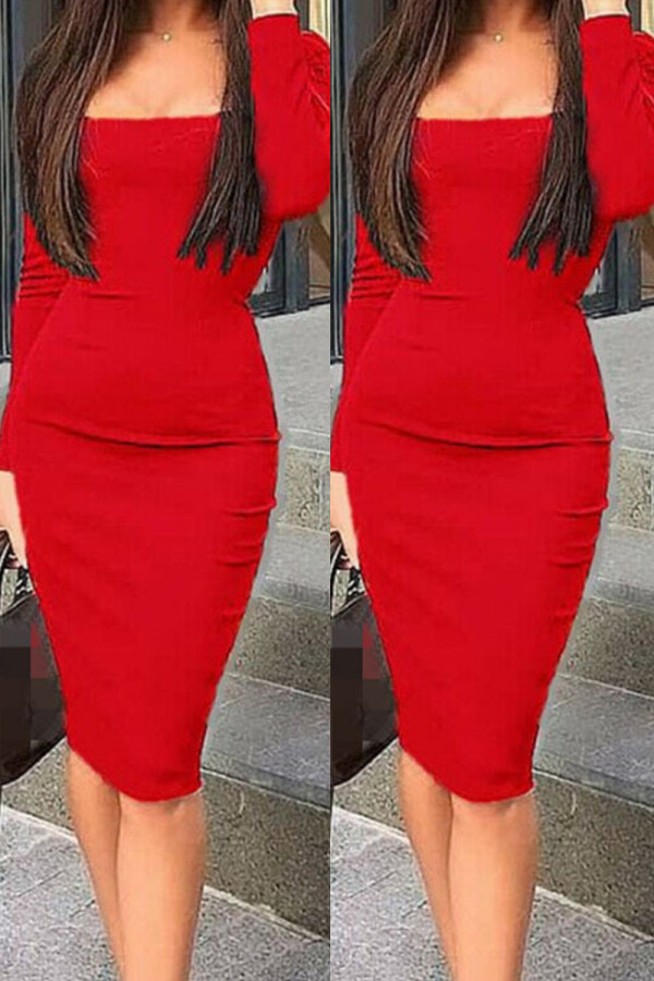Röd Mode Solid Basic fyrkantig krage långärmade klänningar