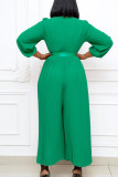 Grüne, lässige, elegante, solide Patchwork-Overalls mit Gürtel und O-Ausschnitt