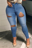 Jeans de talla grande rasgados sólidos casuales de moda azul medio