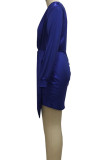 Blue Sexy Solid Patchwork Asymmetrical V Neck One Step Skirt Dresses
