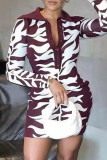 ローズレッドファッションカジュアルプリントパッチワークターンダウンカラー長袖ドレス